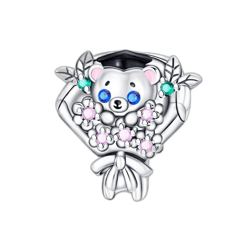 Charm perle, ourson diplômé avec bouquet de fleurs roses, pour femme, modèle Graduino