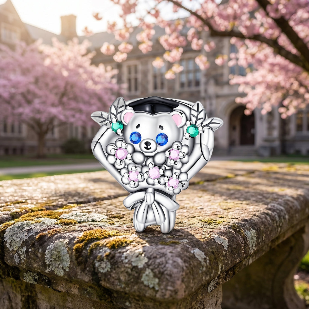 Charm perla, orsetto laureato con bouquet di fiori rosa, per donna, modello Graduino