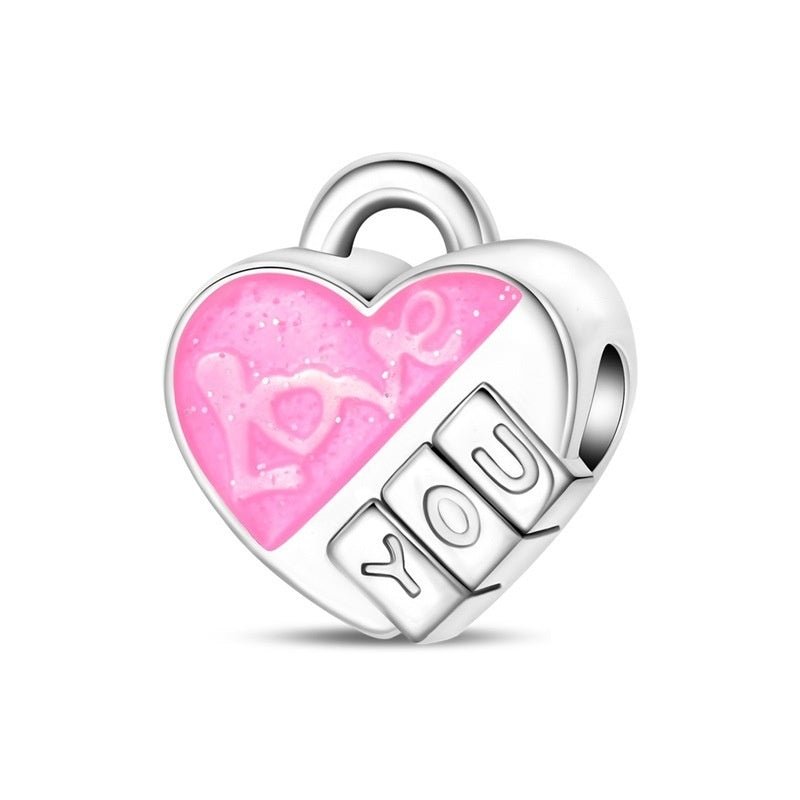 Charm coeur cadenas phosphorescent, émail rose pailleté, inscription Love You, modèle Cadenas Love You
