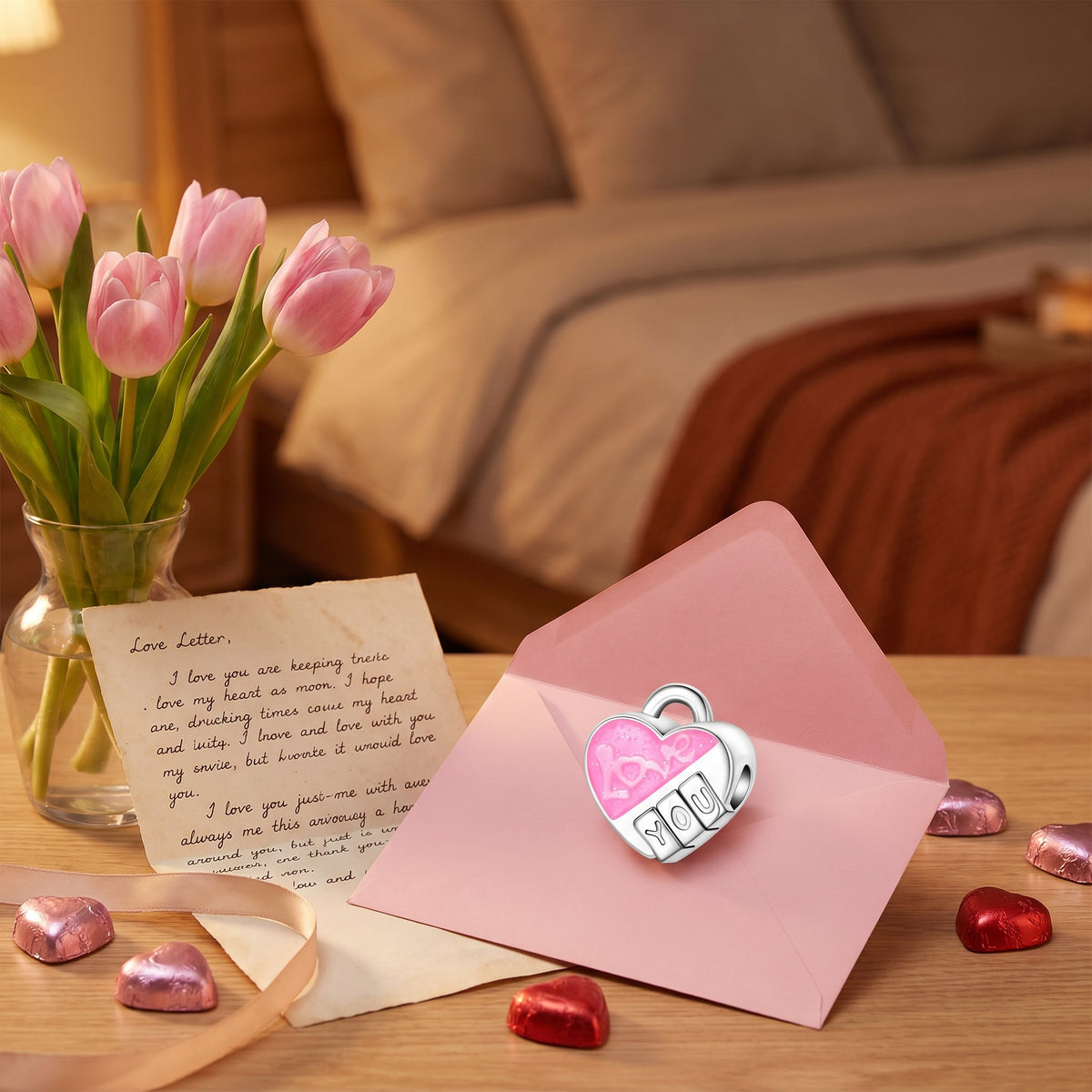 Charm coeur cadenas phosphorescent, émail rose pailleté, inscription Love You, modèle Cadenas Love You