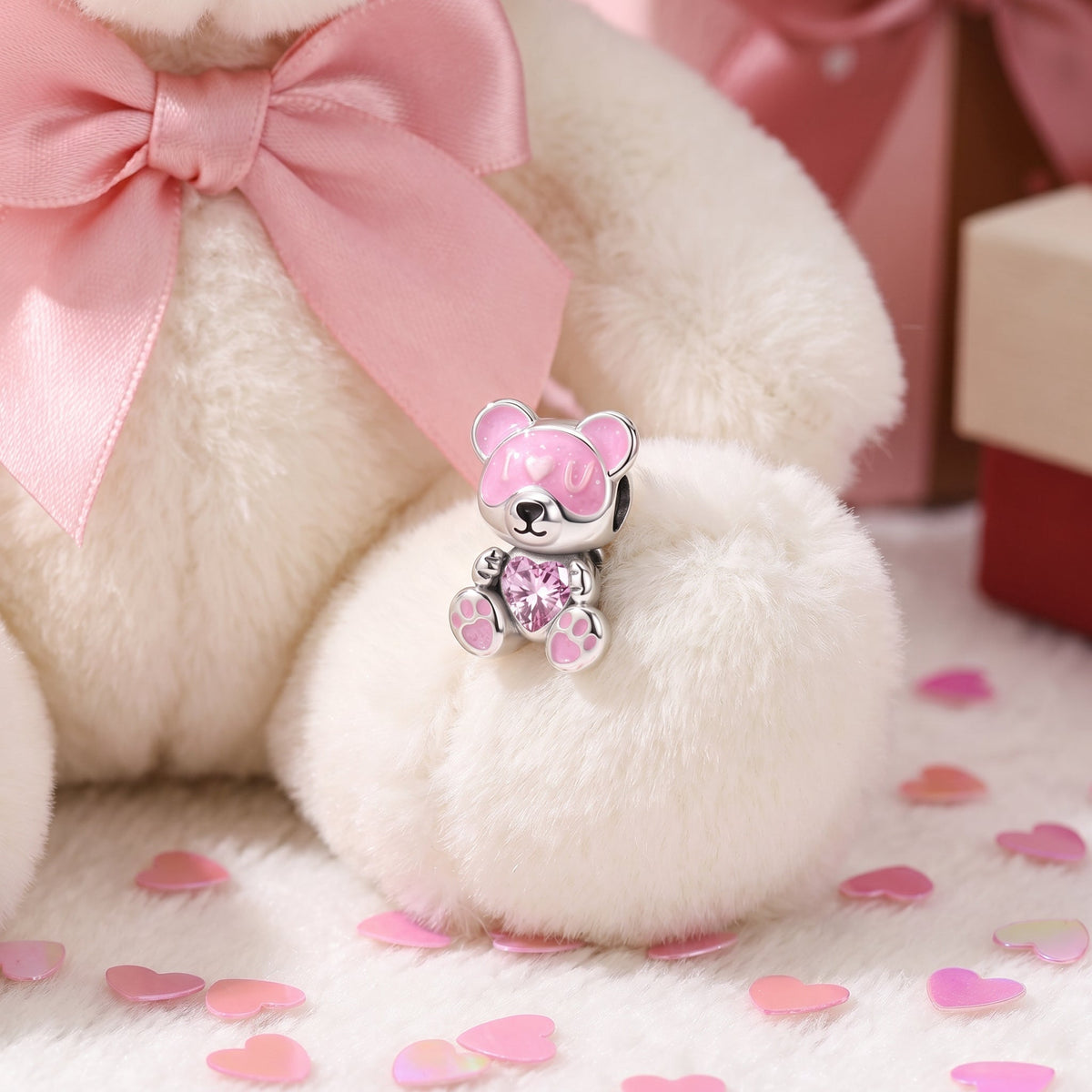 Charm ourson phosphorescent, coeur en zircon rose, pour femme, modèle Ourson I Love You