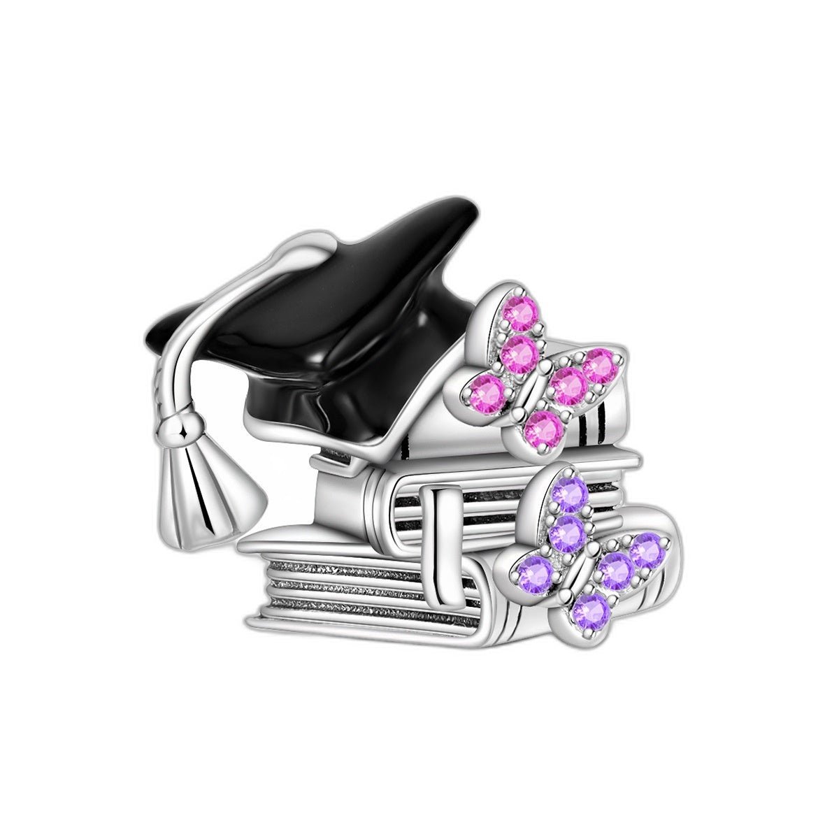 Charm perle, pile de livres diplômé avec papillons violets, pour femme, modèle Libresco