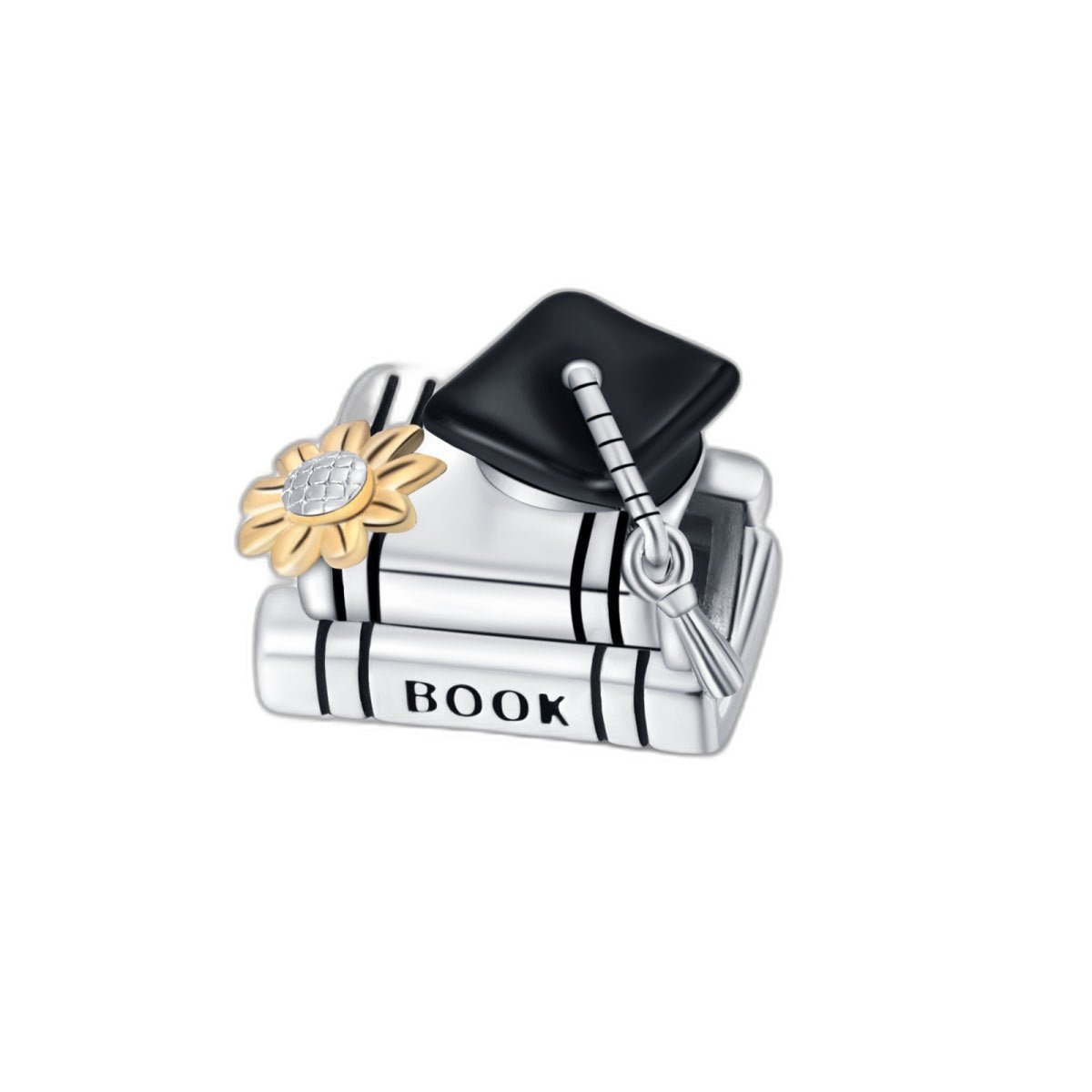 Charm de pérola, pilha de livros de graduação com girassol dourado, para mulher, modelo Bookelia