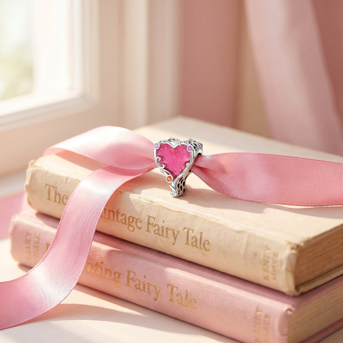 Charm, Perla rosa glitterata in smalto e zirconi, per donna, modello Specchio Magico Principessa