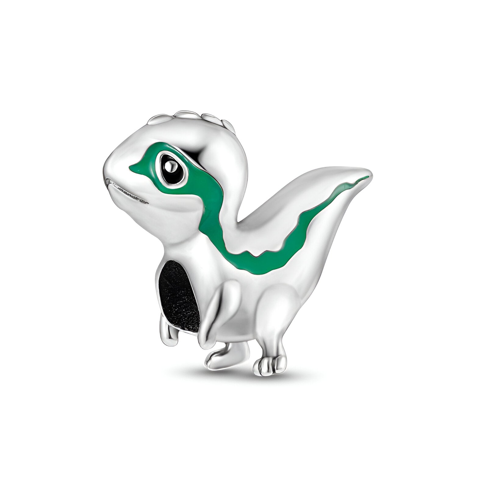 Charm dinosaure argenté avec détails verts et yeux noirs brillants.