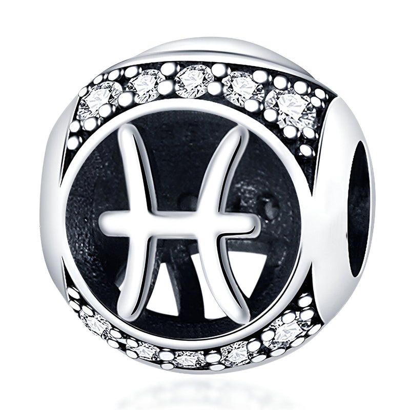 Charm rond en argent avec le signe du zodiaque Poisson et détails en strass blancs.