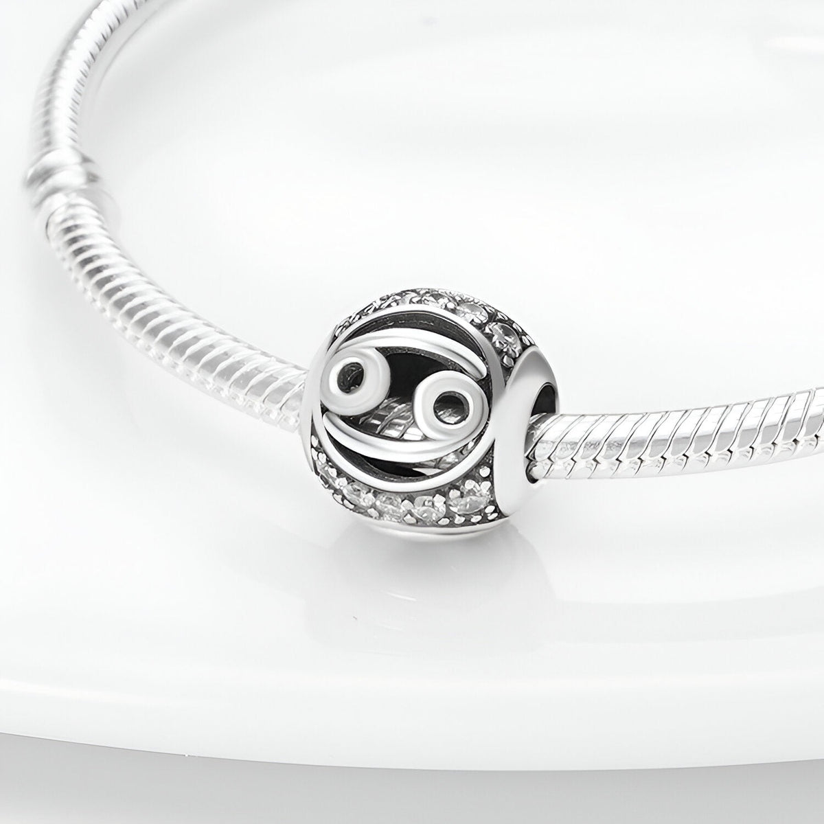 Charm rond argenté signe zodiaque Poisson avec détails blancs et strass sur bracelet serpent en acier lumineux.