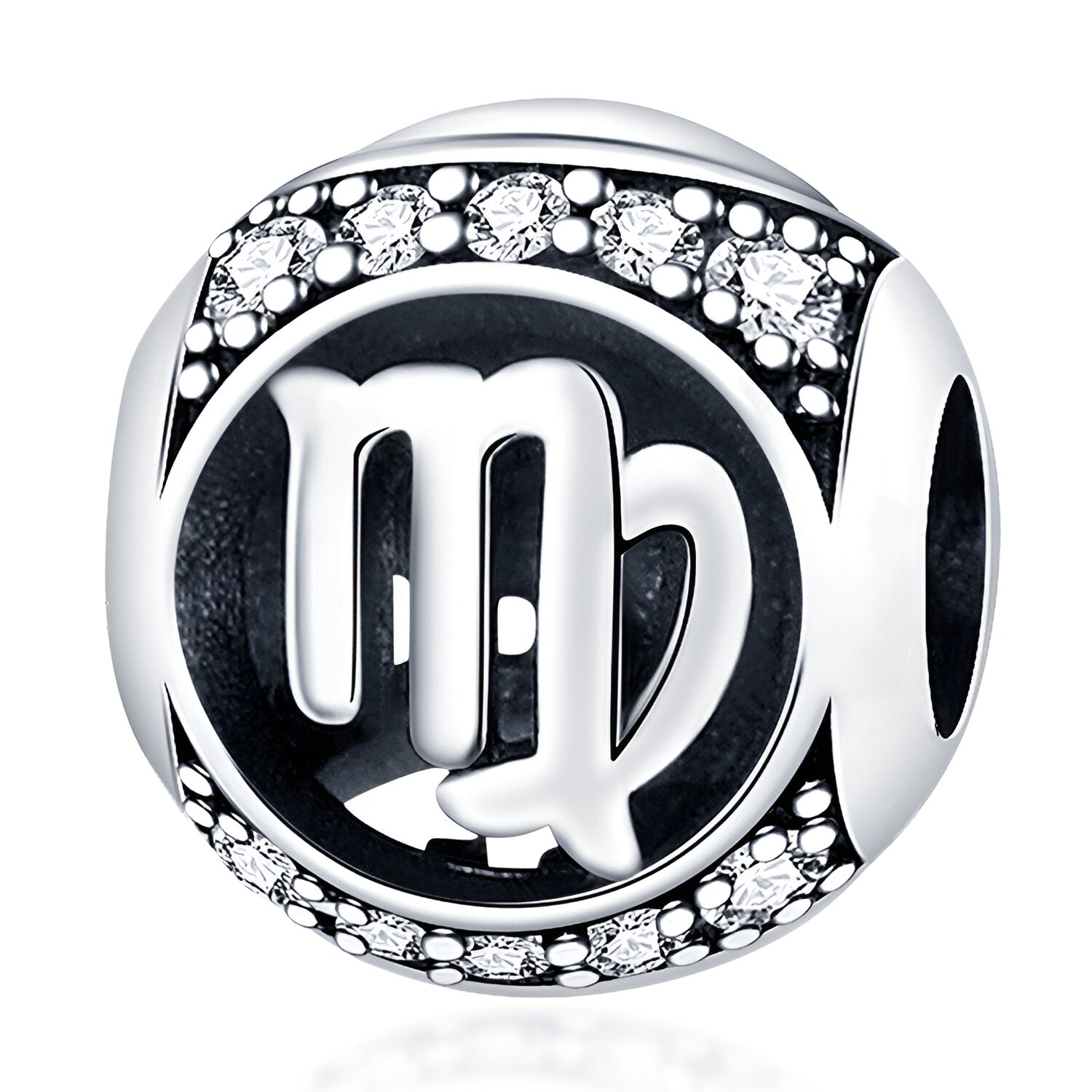 Charm rond en argent avec signe du zodiaque Vierge et détails en cristaux blancs.
