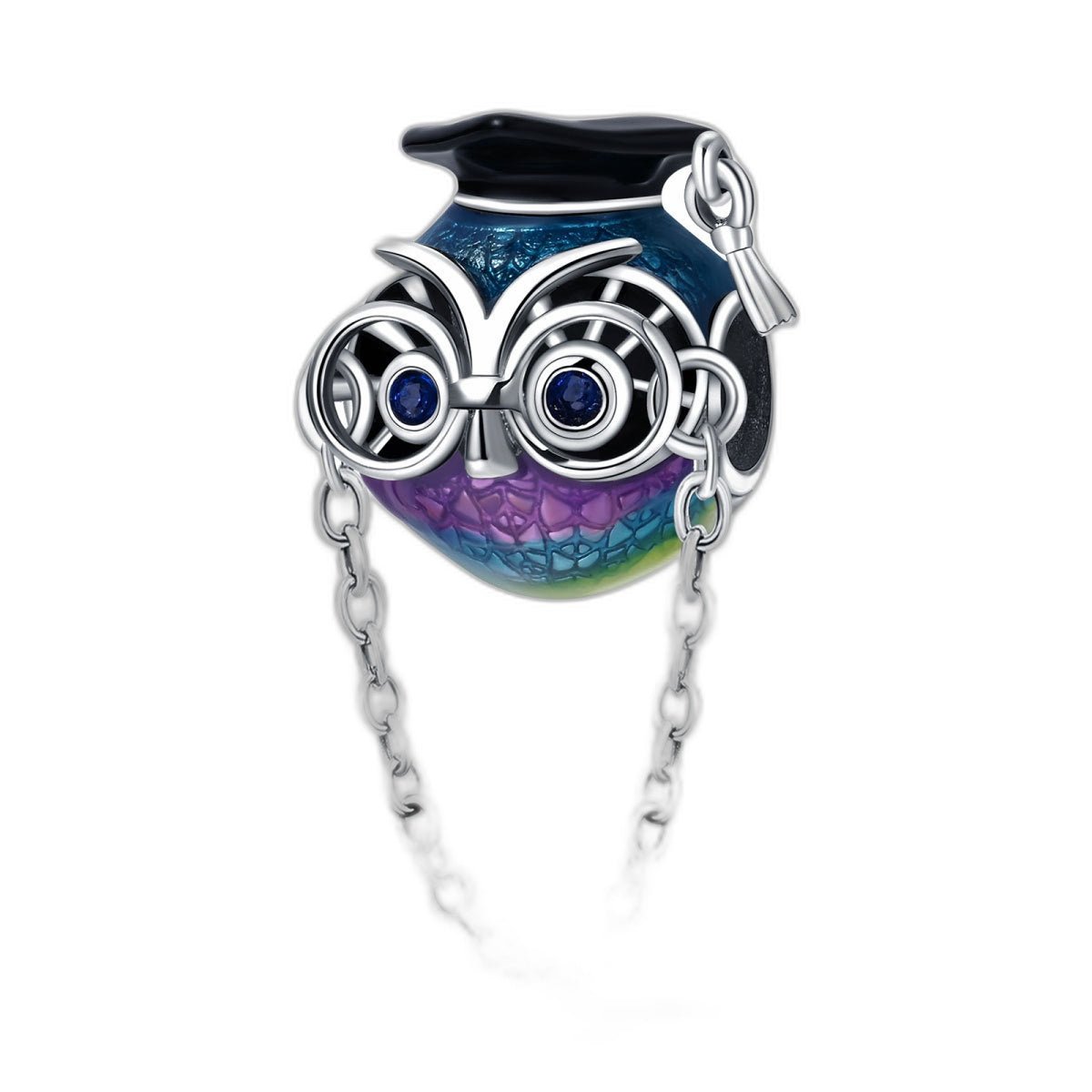 Charm sécurité, hibou diplômé iridescent sur chaîne de sécurité, pour femme, modèle Iridescio