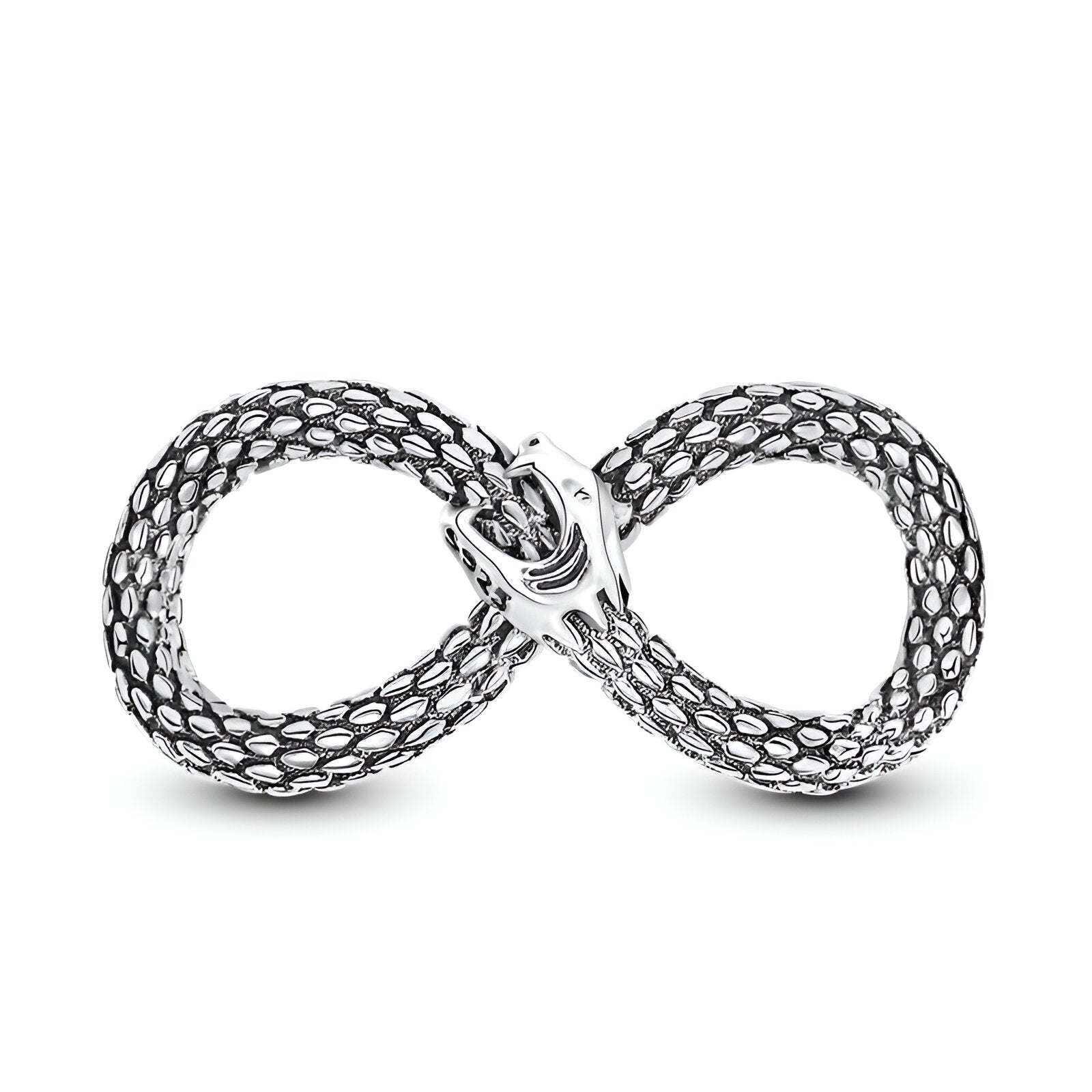 Charm en forme de serpent argenté tressé formant un symbole infini.