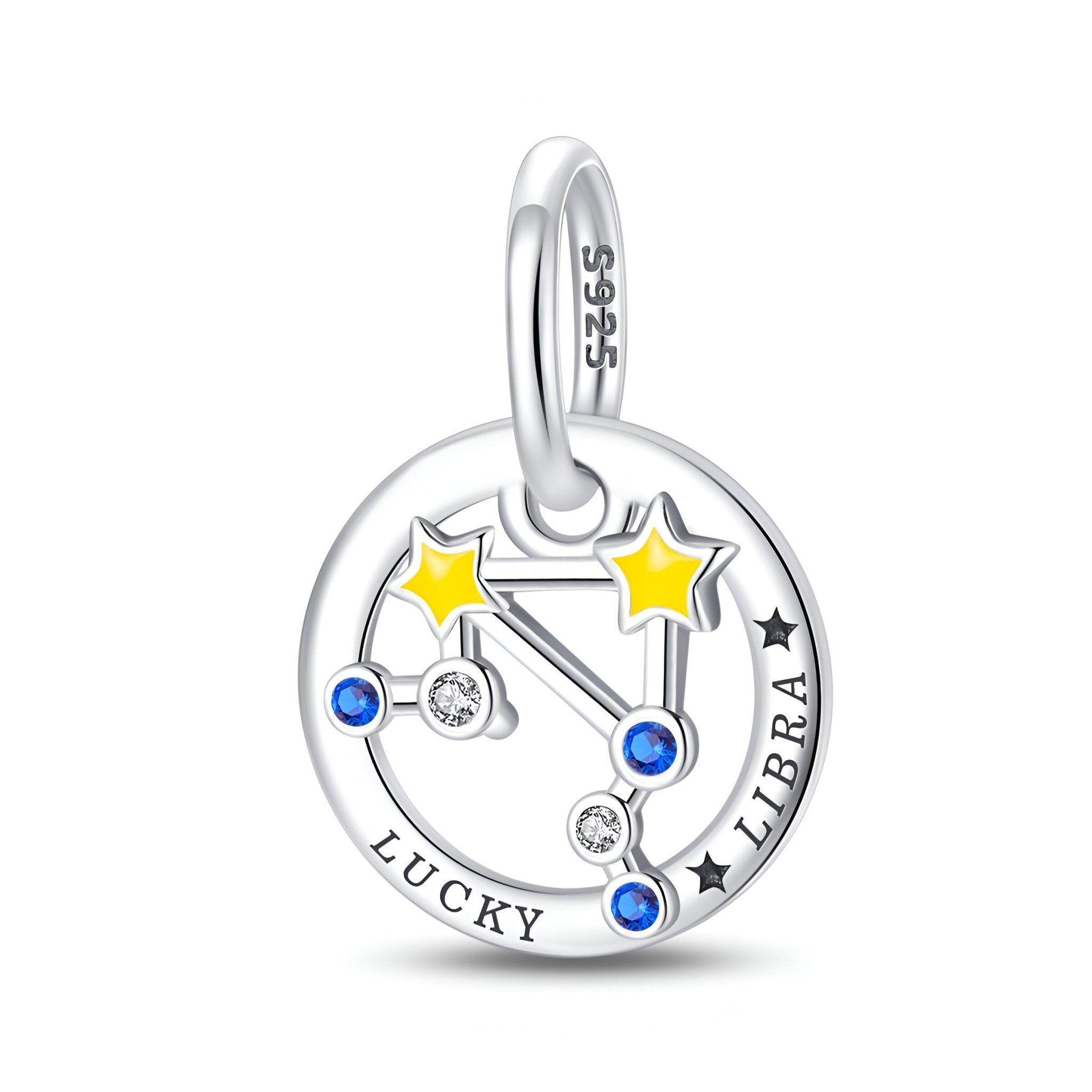 Charm rond en argent 925 avec constellation Balance, étoiles jaunes et pierres bleues, inscription Libra Lucky.