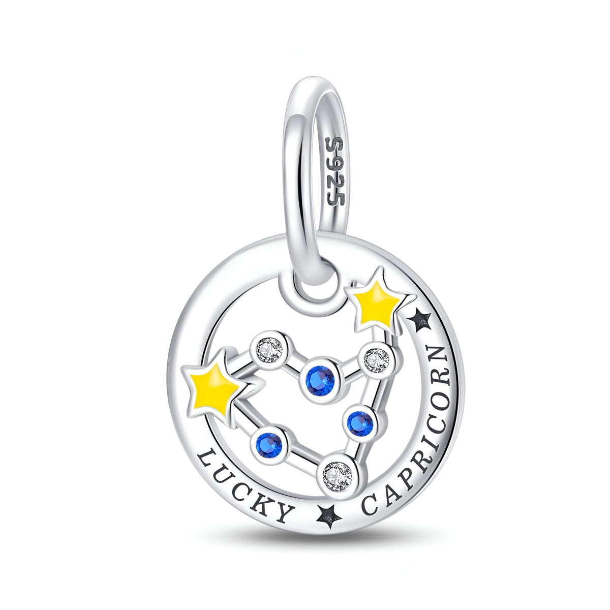 Charm rond en argent avec constellation du Capricorne en strass bleus et étoiles jaunes, gravé Lucky Capricorn.
