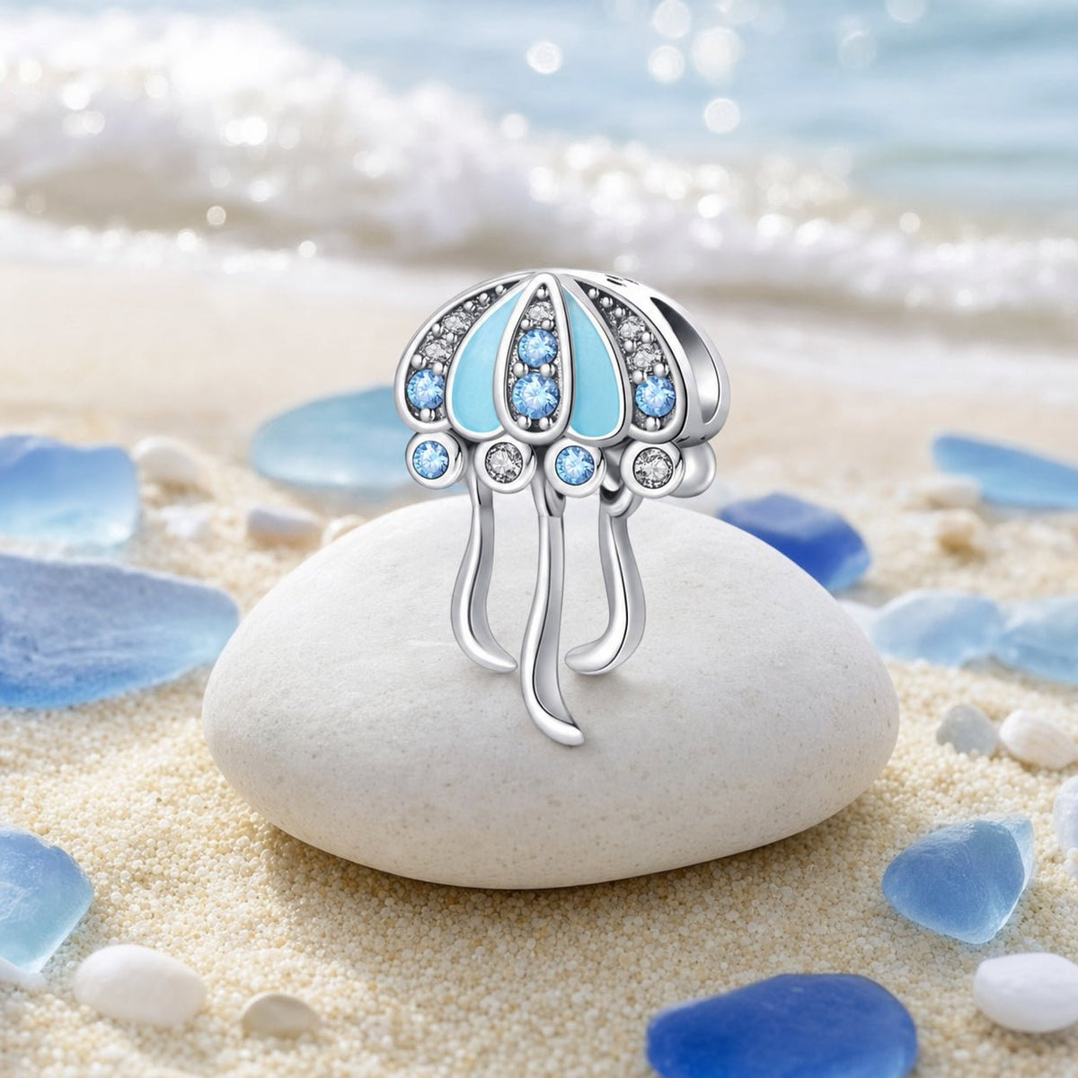 Charm méduse en émail bleu, zircons sur bélière, pour femme, modèle Aurélide