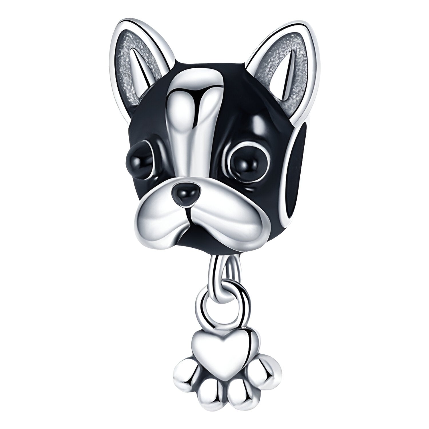 Charm argenté tête de bulldog français noir et blanc avec patte pendante en forme de cœur.