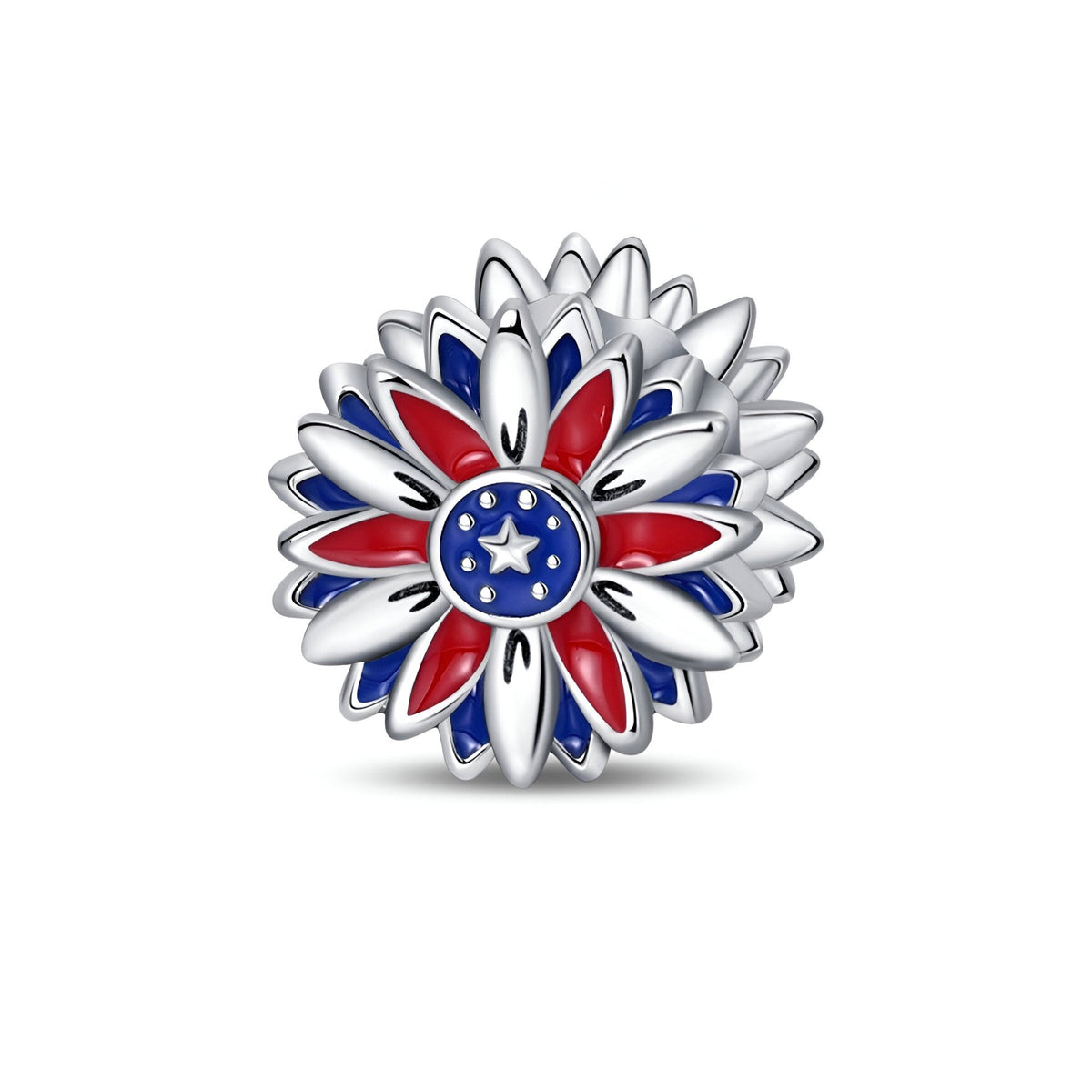Charm tournesol en émail rouge, blanc et bleu avec étoiles blanches sur fond bleu central.