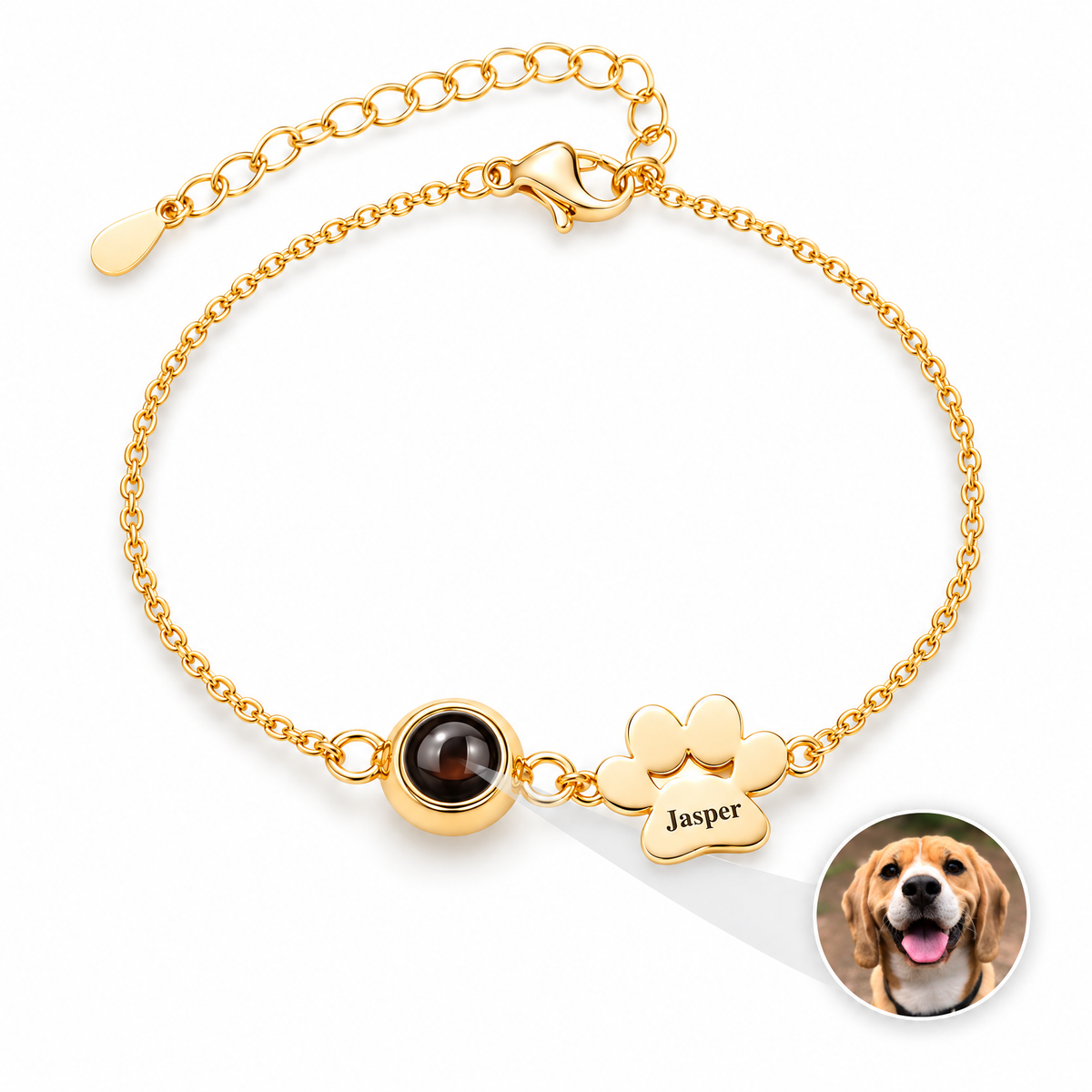 Bracelet photo personnalisé, une patte à graver, en acier inoxydable — modèle Cliff — Or — packshot studio photo sous lentille
