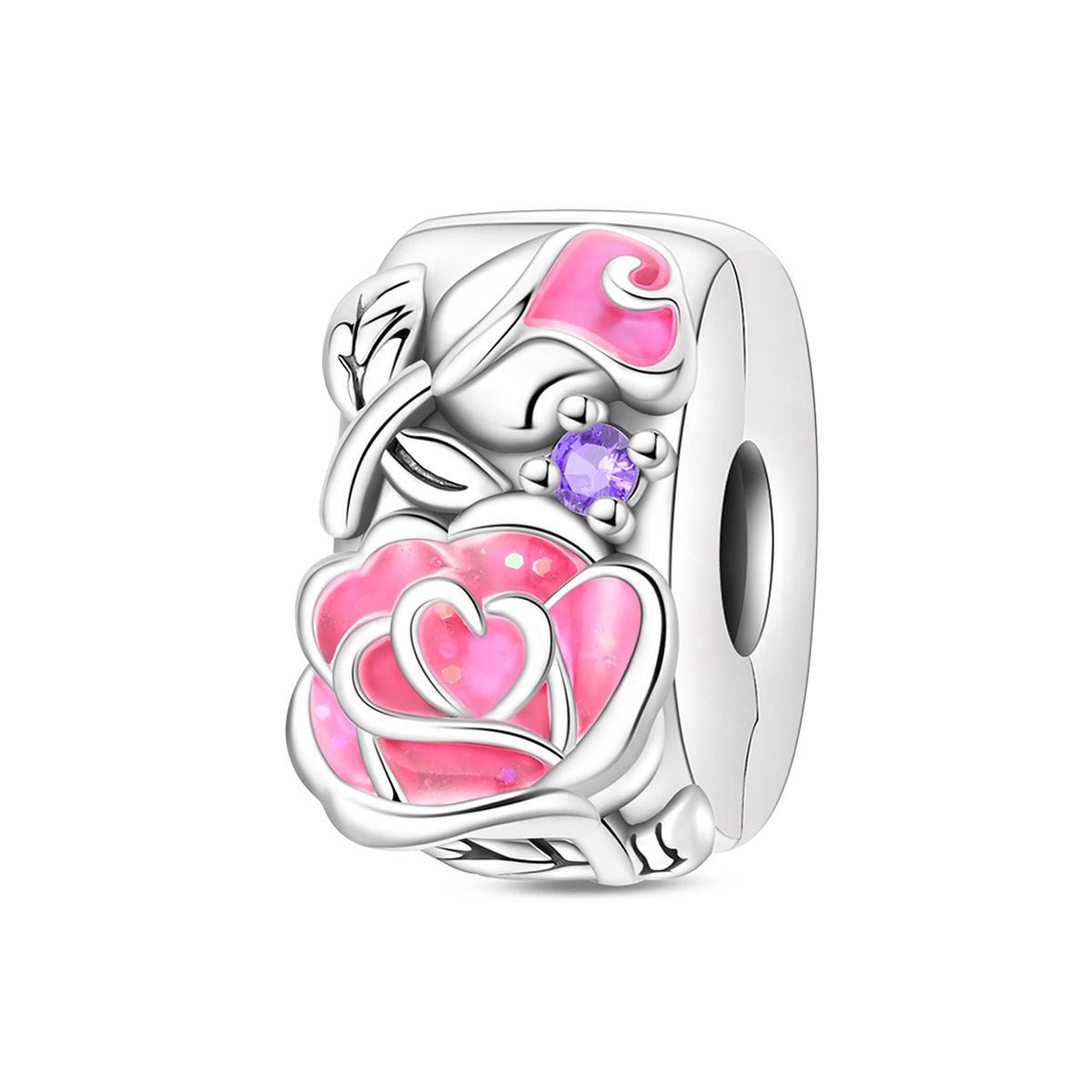 Clip, Clip chaîne de sécurité rose phosphorescente en émail pailleté, pour femme, modèle Rose de Minuit