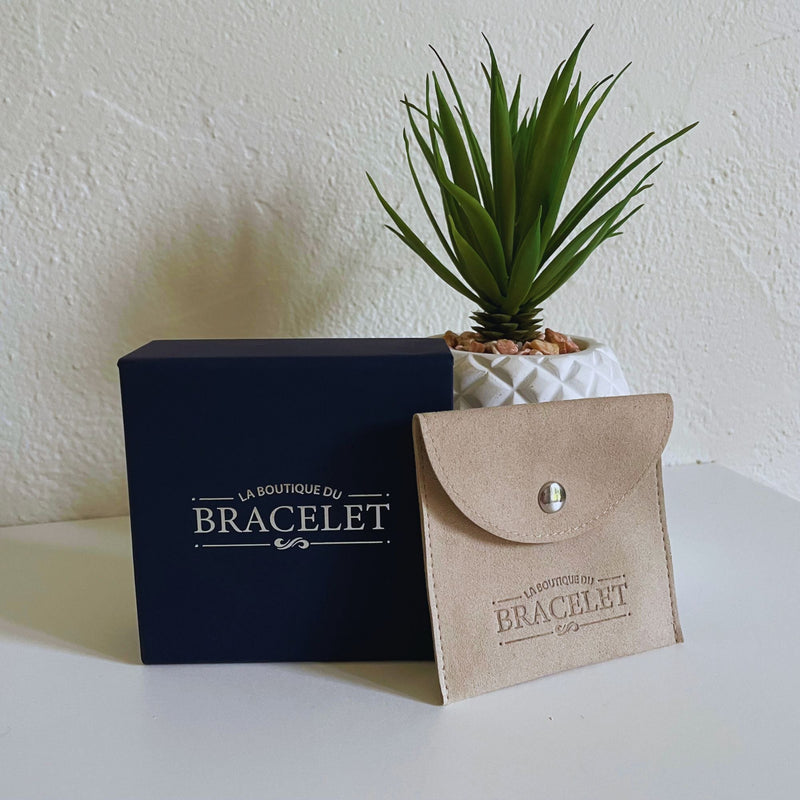Coffret bleu marine avec logo blanc et pochette en tissu beige à bouton pression et logo embossé, plante verte en.