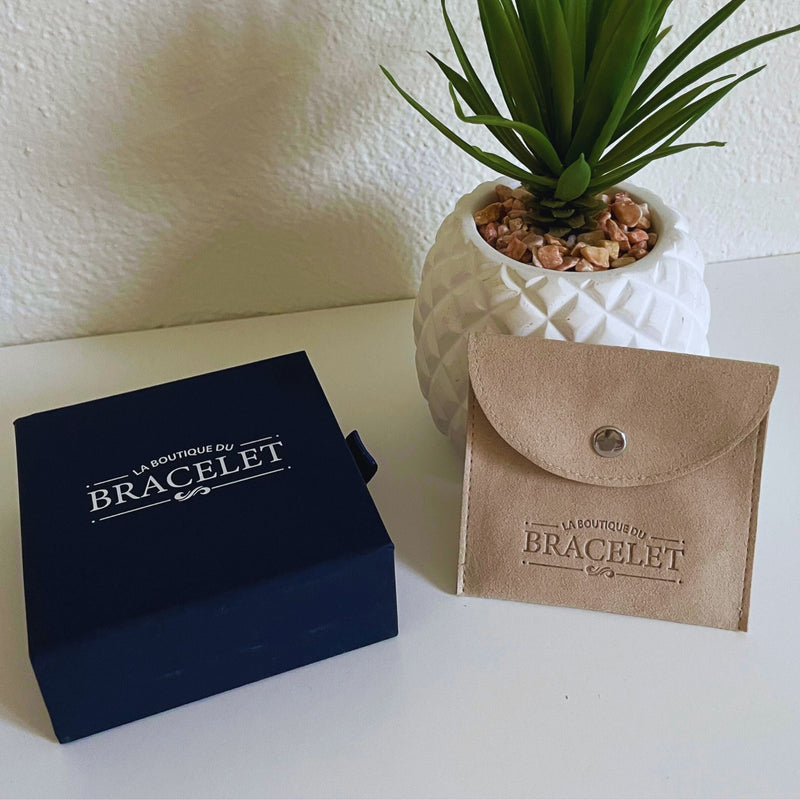 Coffret Signature bleu marine avec étui beige en tissu et plante verte en arrière-plan.