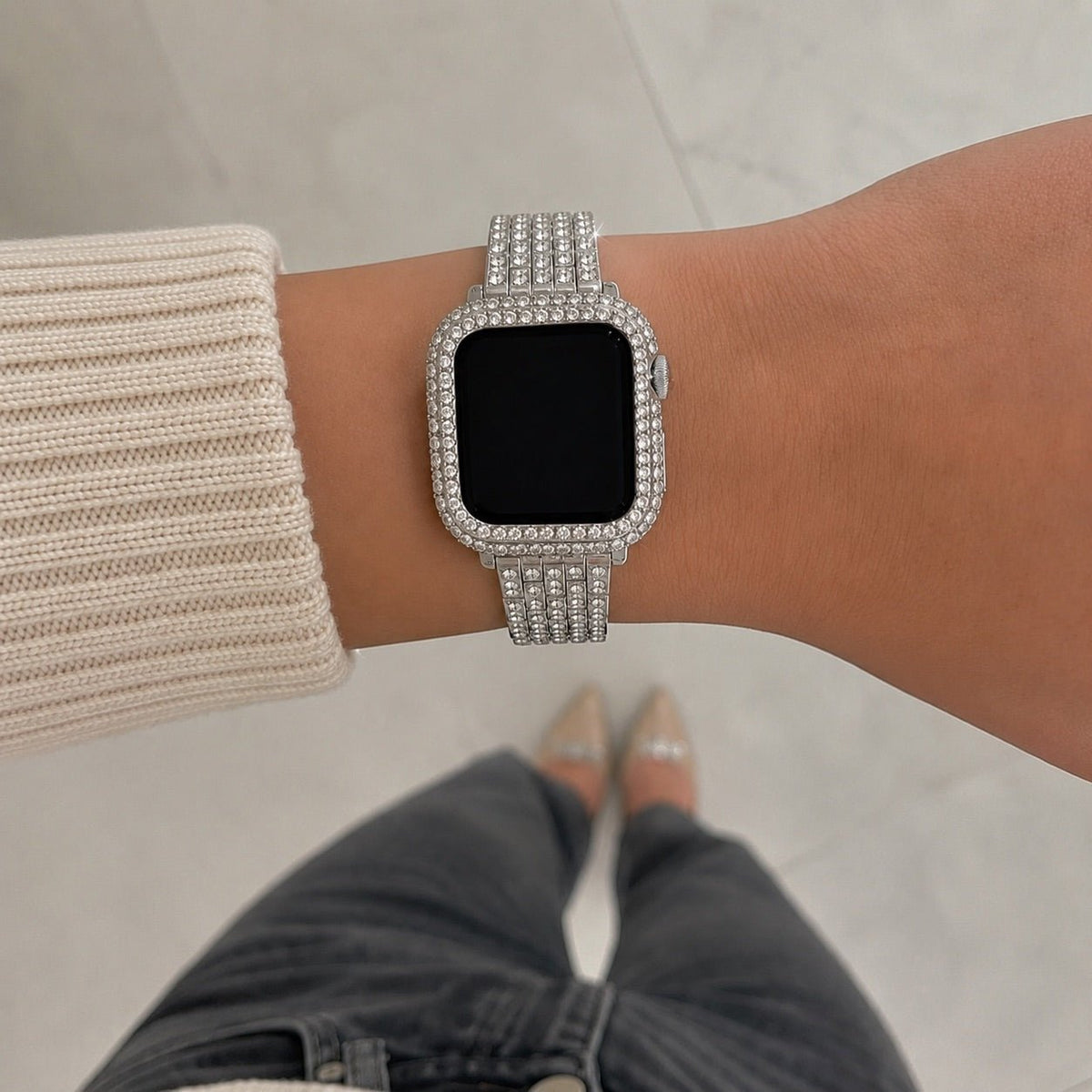 Βραχιόλι και θήκη Apple Watch από ανοξείδωτο ατσάλι, κρίκοι διακοσμημένοι με στρας, για γυναίκες, μοντέλο Fida