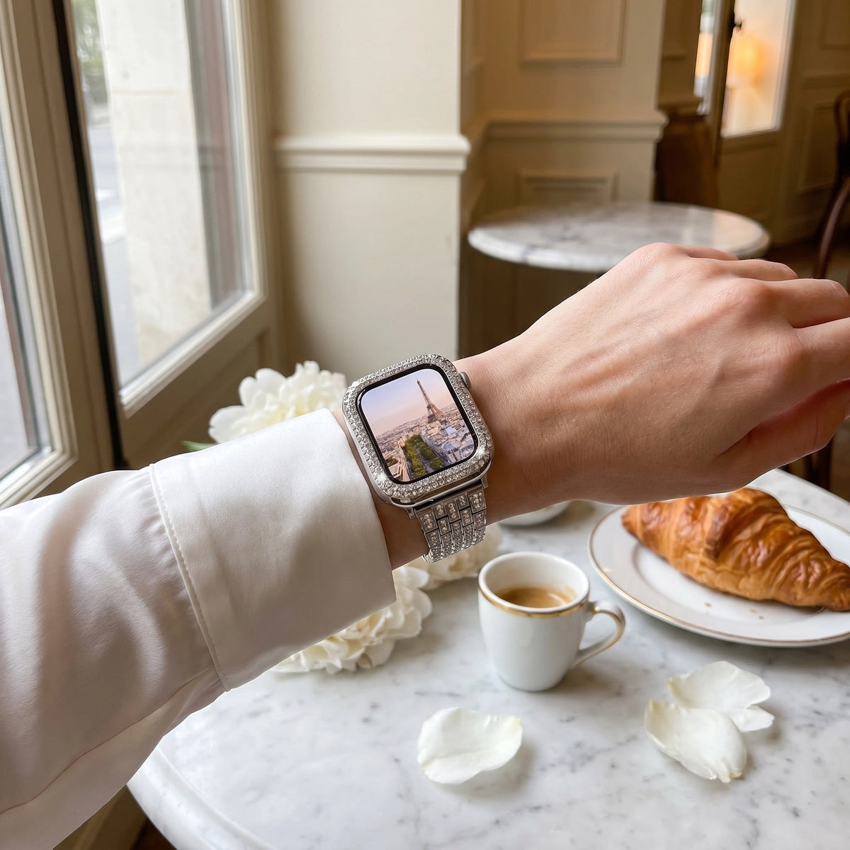 Βραχιόλι και θήκη Apple Watch από ανοξείδωτο ατσάλι, κρίκοι διακοσμημένοι με στρας, για γυναίκες, μοντέλο Fida
