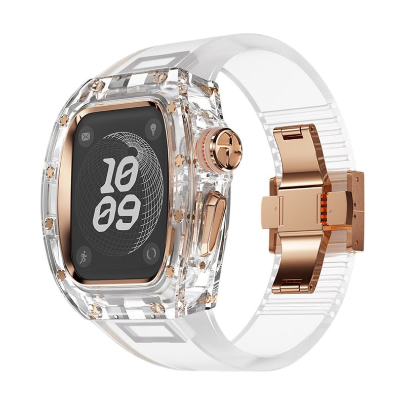 Coque intégrale transparente en PC pour Apple Watch Ultra 49mm avec boucle métallique dorée rose élégante.