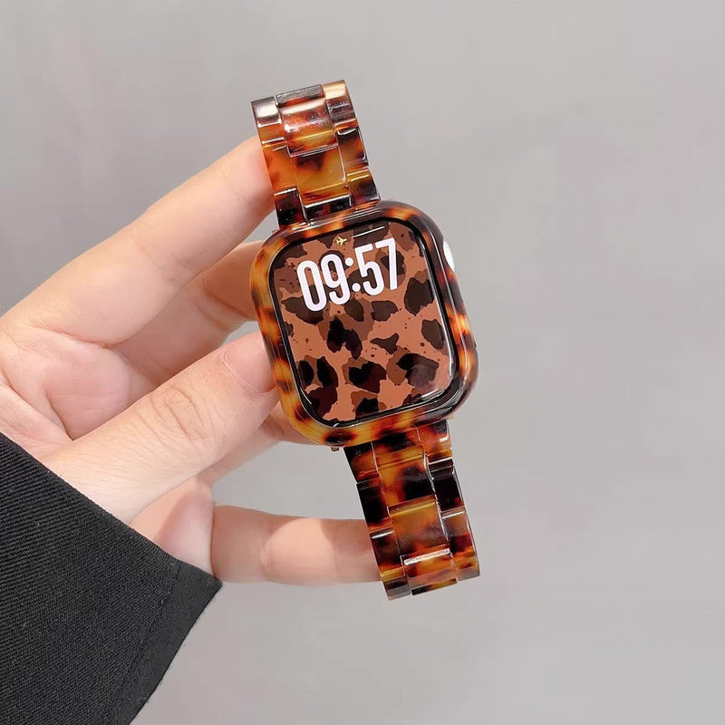 Vollständige Schutzhülle mit Armband für Apple Watch, Gliederarmband aus Harz in Leopardenoptik, ausdrucksstarker und moderner Stil, Modell Kidine
