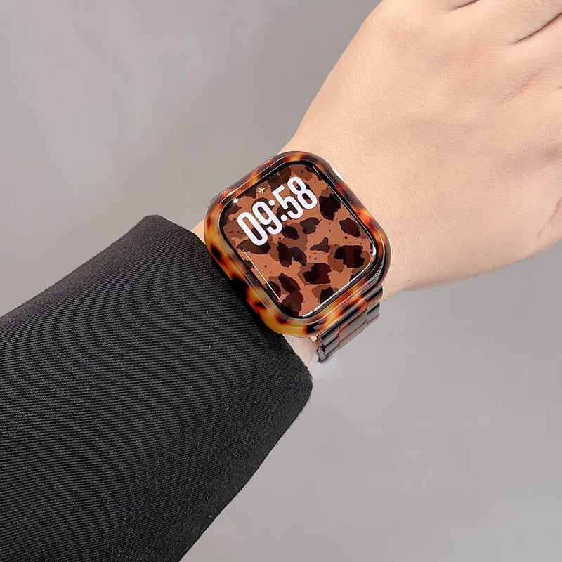 Vollständige Schutzhülle mit Armband für Apple Watch, Gliederarmband aus Harz in Leopardenoptik, ausdrucksstarker und moderner Stil, Modell Kidine