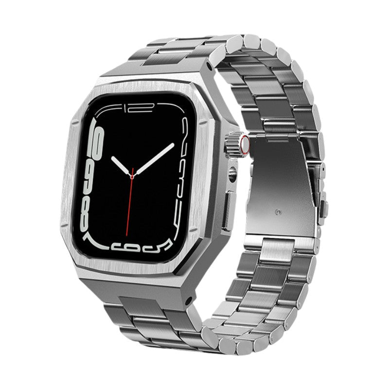 Coque intégrale acier inoxydable argentée pour Apple Watch, bracelet à maillons ajustables, protection boîtier robuste.