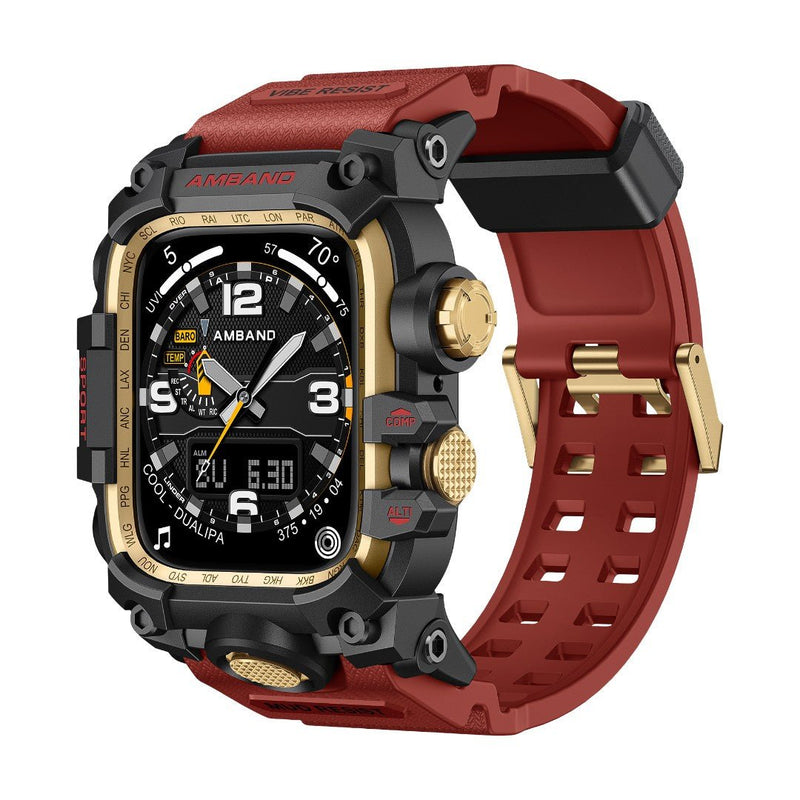 Coque intégrale noire et dorée pour Apple Watch avec bracelet rouge en silicone, boîtier renforcé et boutons texturés.