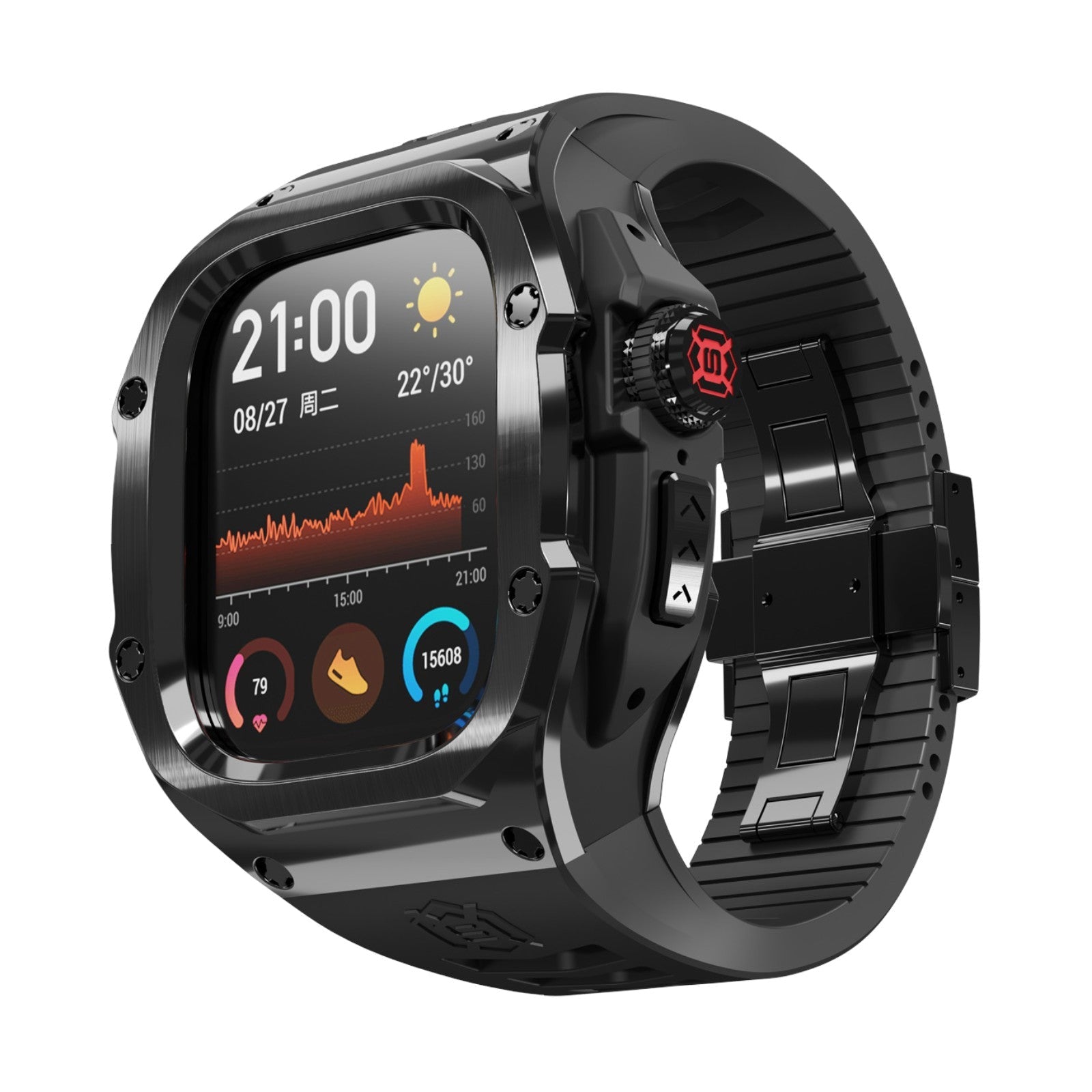 Coque intégrale noire en métal renforcé pour Apple Watch Ultra 49 mm avec design robuste et protections angulaires.