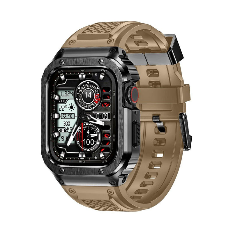 Coque intégrale noire en acier renforcé avec sangle TPU beige à fermoir magnétique pour Apple Watch.