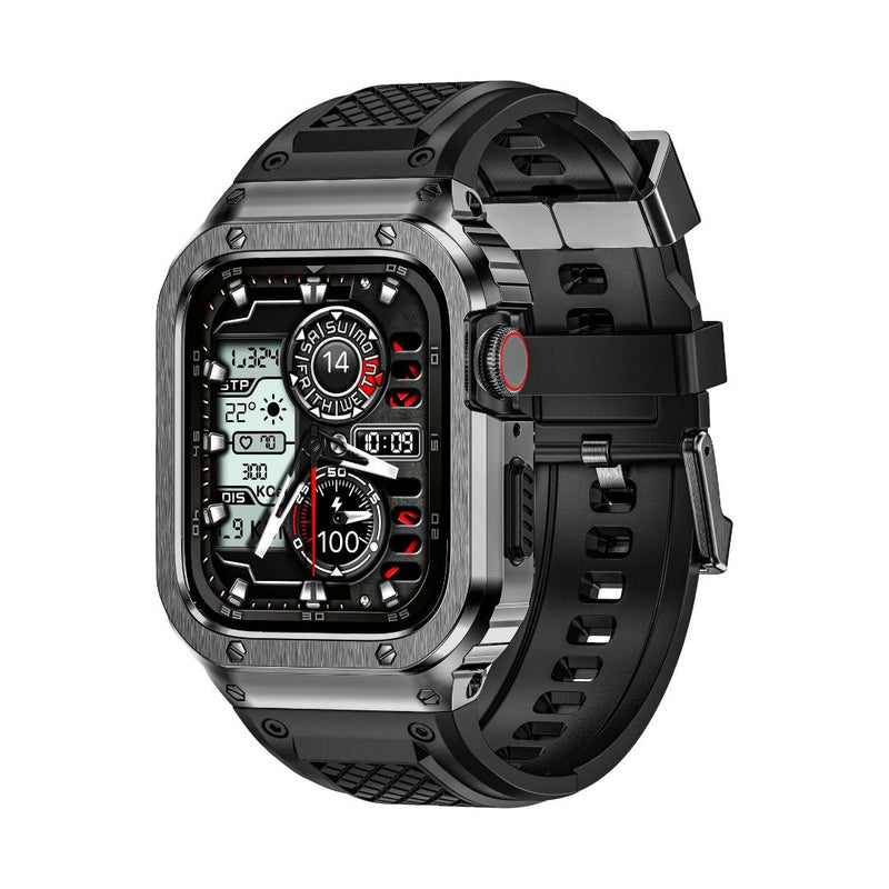 Coque intégrale noire renforcée pour Apple Watch avec boîtier acier et sangle TPU texturée, fermoir magnétique robuste.