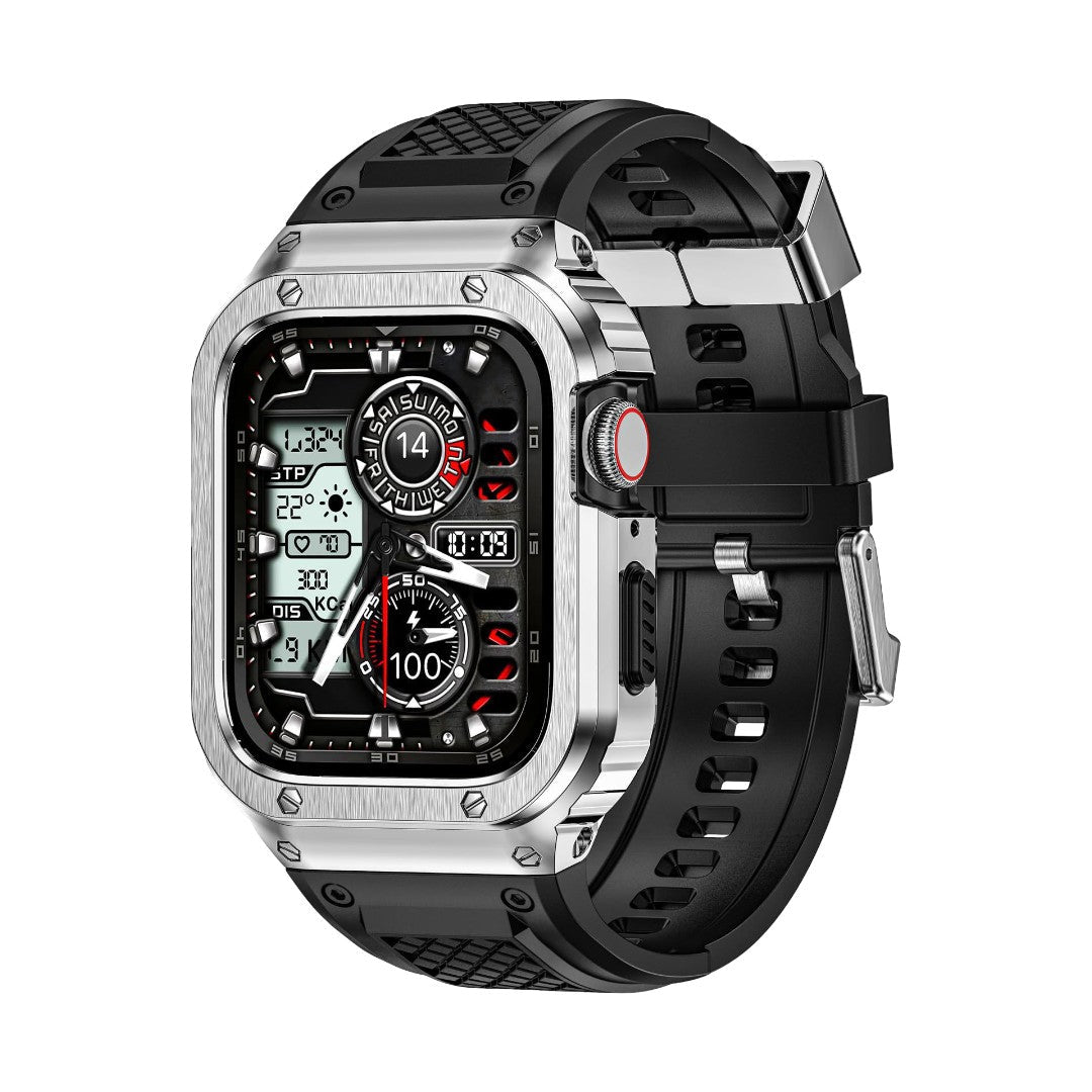 Coque intégrale acier argenté pour Apple Watch avec sangle noire en TPU et fermoir magnétique robuste.