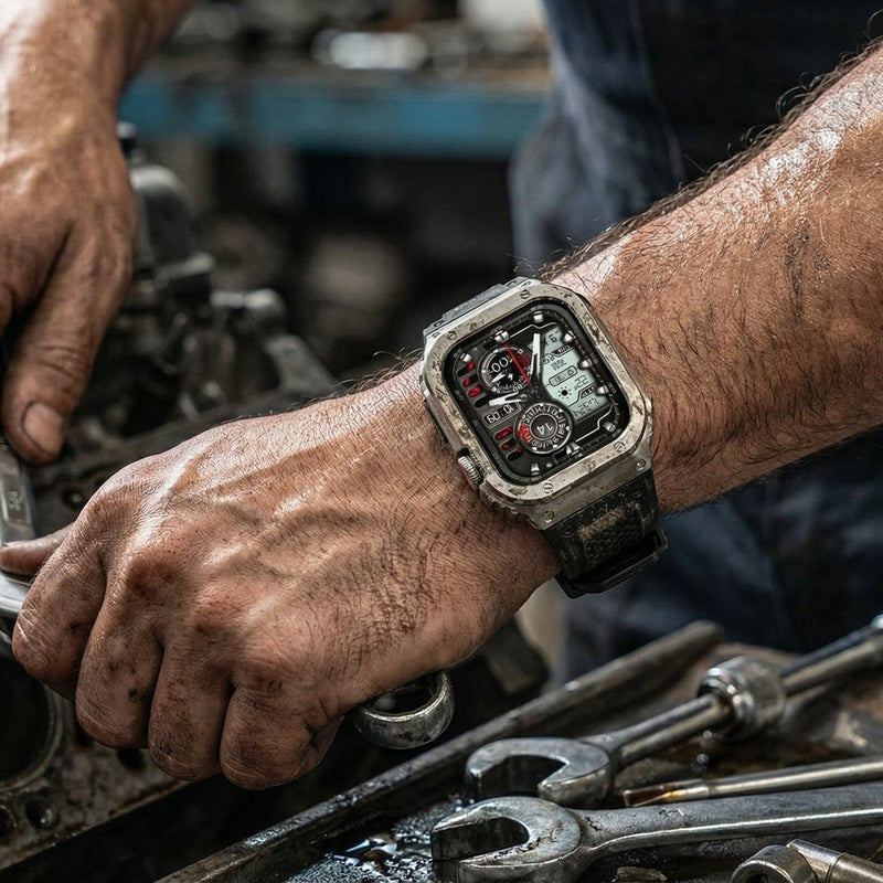 Coque intégrale acier argenté avec sangle noire en TPU pour Apple Watch, fermoir magnétique robuste.