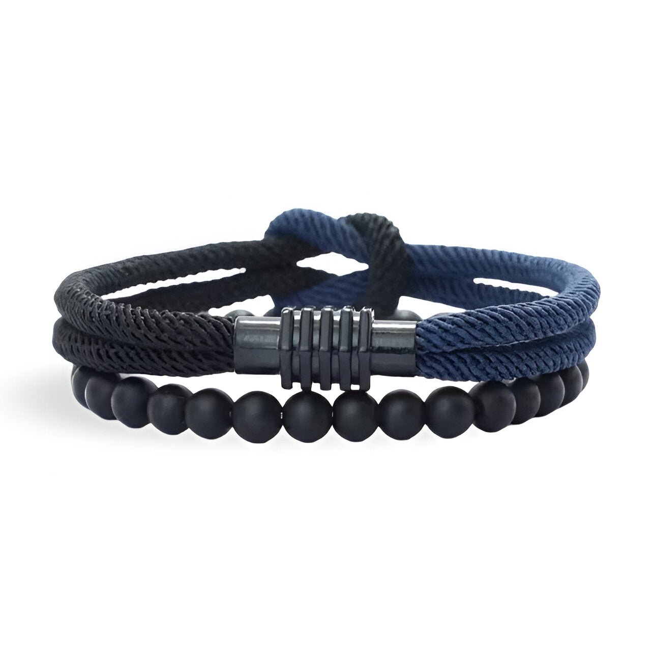 Duo de bracelets homme noir et bleu, cordon noué et perles d’onyx mat avec fermoir métal noir.