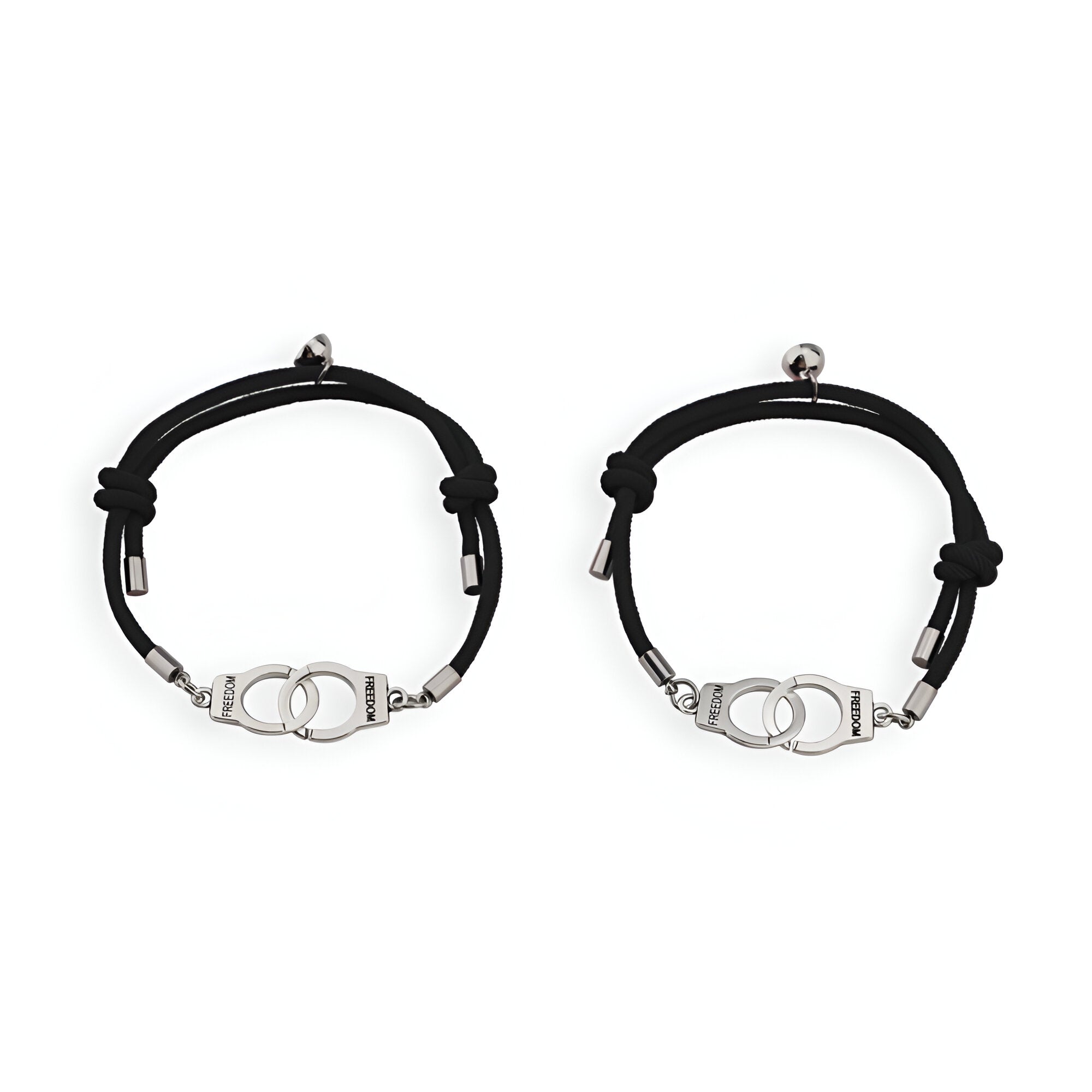 Duo de bracelets cordon noirs avec fermoirs menottes en métal argenté modèle Siene.
