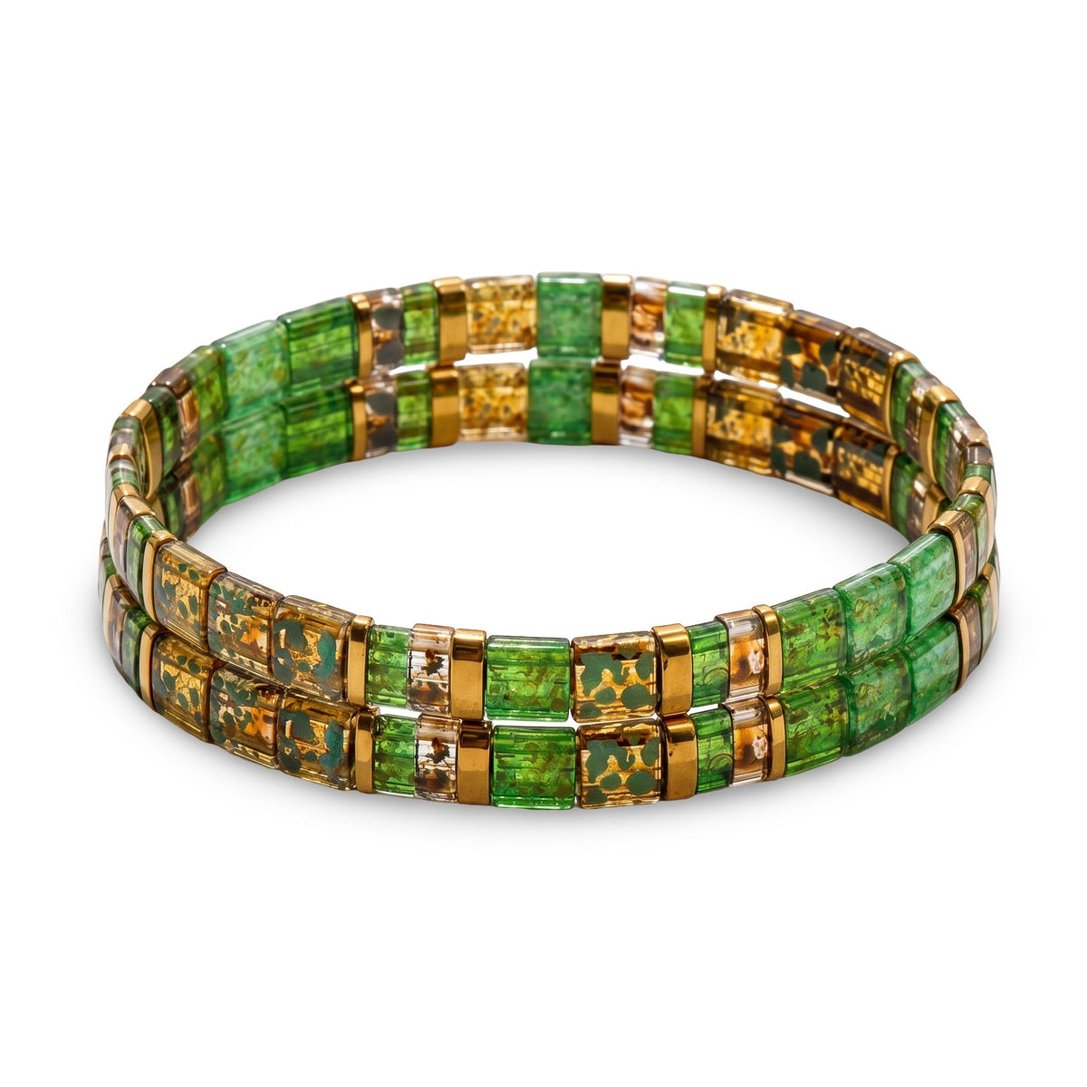 Duo de bracelets élastiques en perles du Japon Tila, vert émeraude, éclats dorés, modèle Kowida