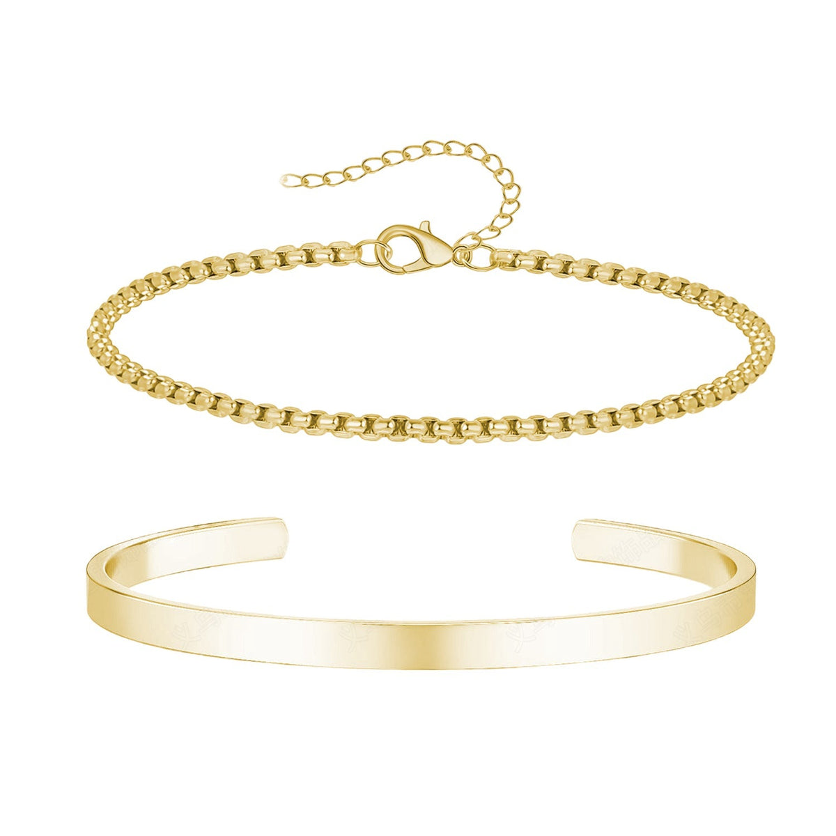Duo de bracelets homme en acier inoxydable doré, jonc lisse et chaîne maille fine avec fermoir œillet.