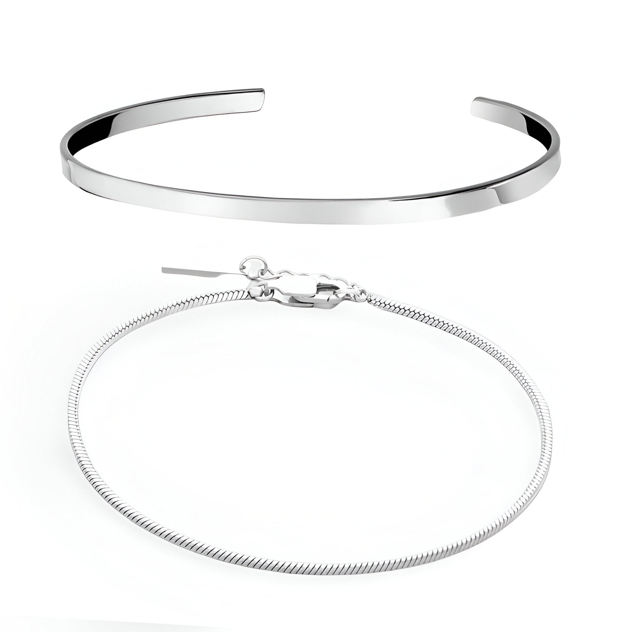 Duo de bracelets homme en acier inoxydable, un jonc lisse et un bracelet maille fine réglable.