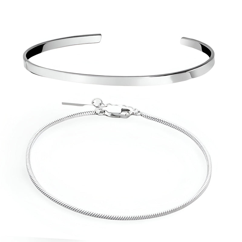 Duo de bracelets homme en acier inoxydable, un jonc lisse et un bracelet maille fine réglable.