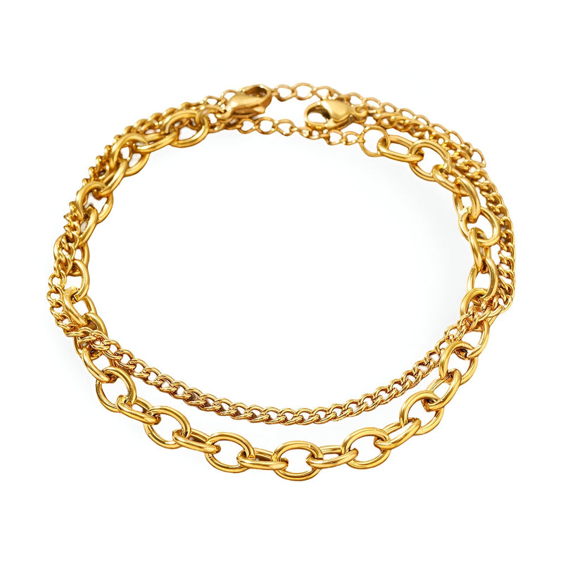 Duo de bracelets femme en acier inoxydable doré, chaînes fines et larges, fermoirs mousqueton.