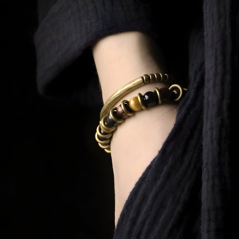 Dúo de pulseras en ojo de tigre y cobre, para mujer, modelo Zola