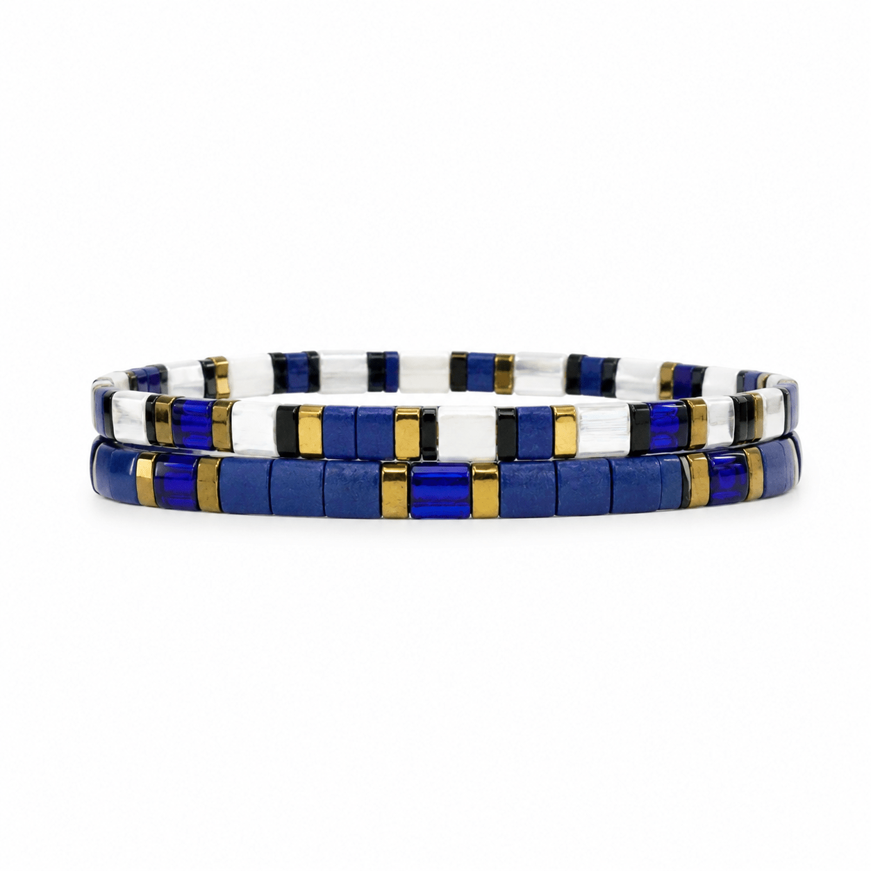 Set of Two Japanese Miyuki Beaded Bracelets in Royal Blue and White, Elegant Women's Jewelry Set, Stretch Wrist Accessories, Chic and Bold, Kenade Model