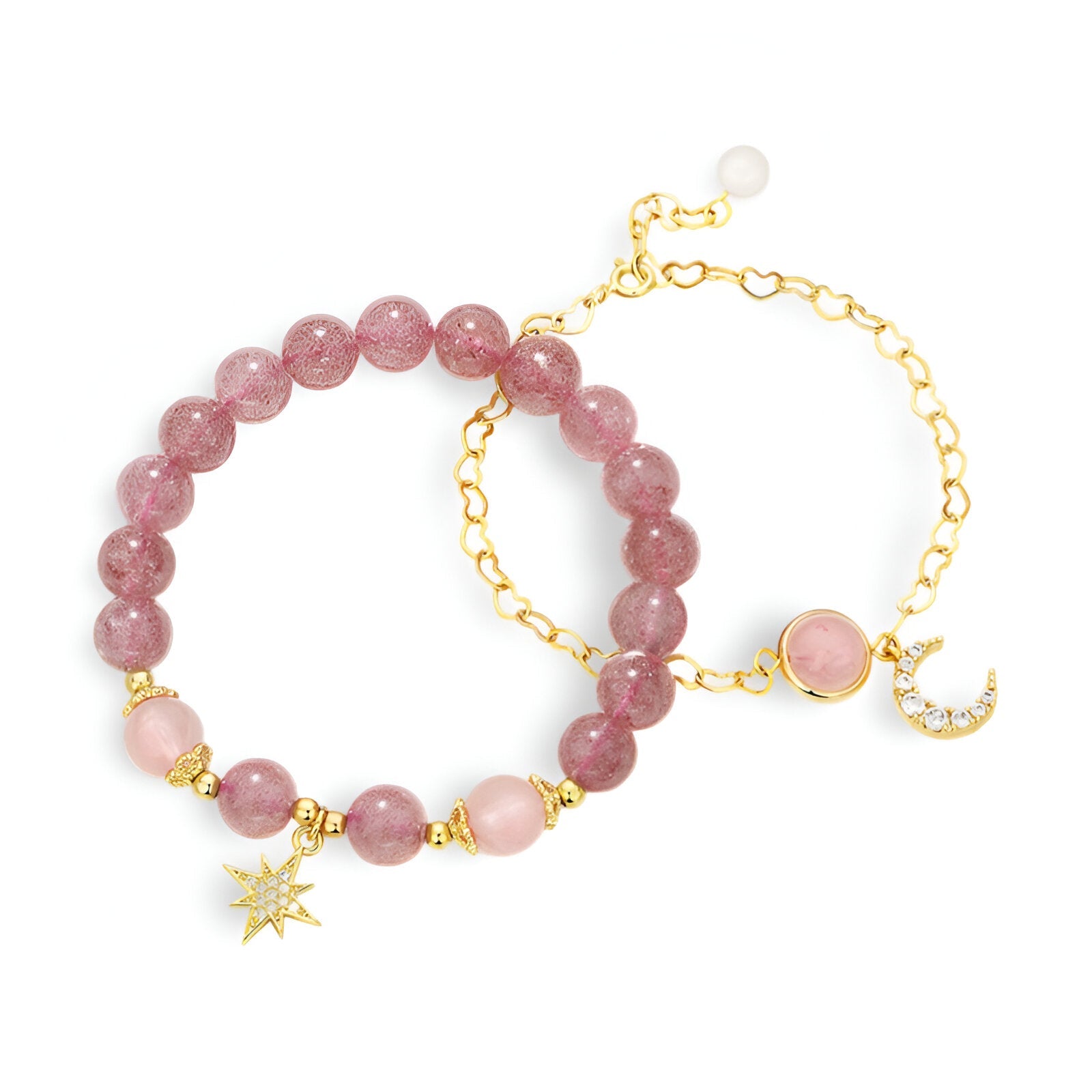 Duo de bracelets roses en pierres de cristal, étoile dorée et lune incrustée de pierres blanches, chaînes dorées fines.