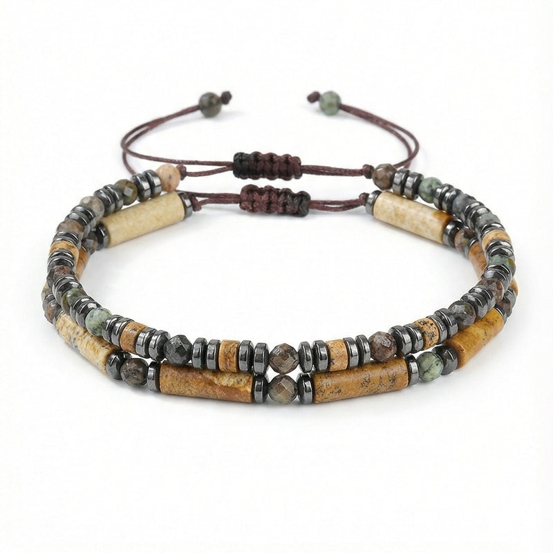 Set of two men's bracelets with braided cord and natural beads, dark stone composition, authentic look, Myros model