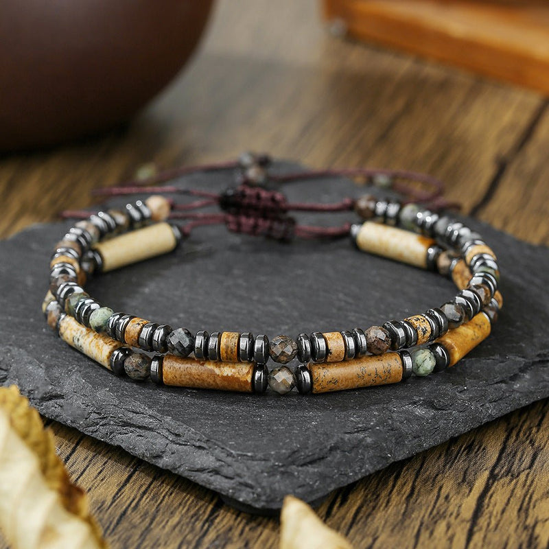 Set of two men's bracelets with braided cord and natural beads, dark stone composition, authentic look, Myros model
