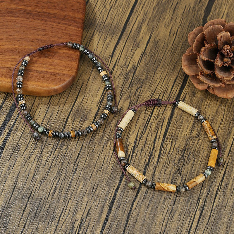 Set of two men's bracelets with braided cord and natural beads, dark stone composition, authentic look, Myros model