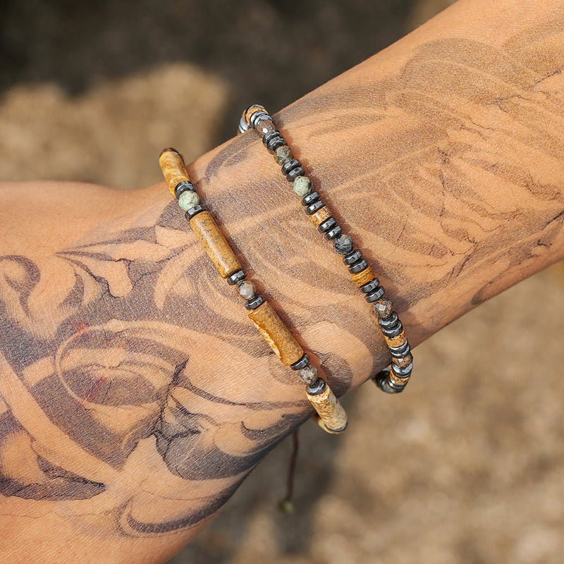 Set of two men's bracelets with braided cord and natural beads, dark stone composition, authentic look, Myros model
