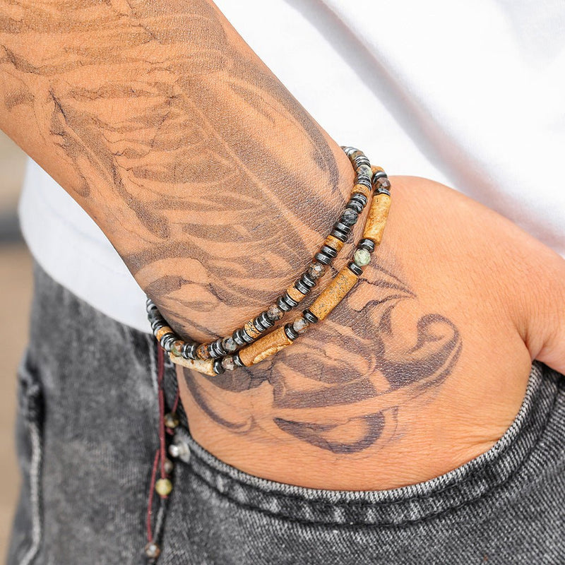 Set of two men's bracelets with braided cord and natural beads, dark stone composition, authentic look, Myros model